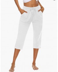 White Womens Capri Yoga Pants Loose Drawstring Comfy Lounge Pajama Capris Workout Jersey Joggers Pants with Pockets