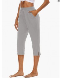 Lightgray Womens Capri Yoga Pants Loose Drawstring Comfy Lounge Pajama Capris Workout Jersey Joggers Pants with Pockets