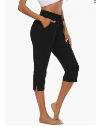 Black Womens Capri Yoga Pants Loose Drawstring Comfy Lounge Pajama Capris Workout Jersey Joggers Pants with Pockets