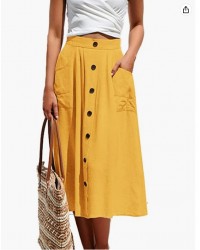 Yellow   Women's Polka Dot Midi Skirts Casual High Elastic Waist A Line Pleated Midi Chiffon Skirts with Pockets