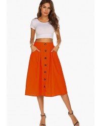 Orange Red  Women's Polka Dot Midi Skirts Casual High Elastic Waist A Line Pleated Midi Chiffon Skirts with Pockets